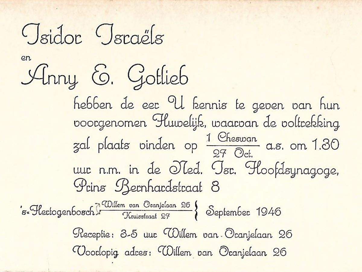 Huwelijk van Anny Gotlieb en Isidor Israels op 27 oktober 1946